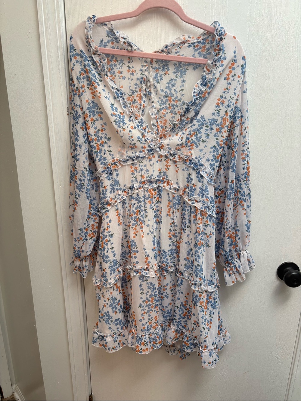 Source Unknown White Sheer Fabric Garment with Subtle Blue & Orange Print